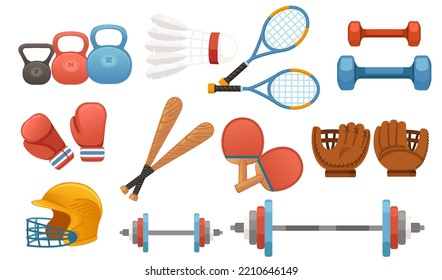 Set of sports equipment for different types of activity exercise vector illustration isolated on white background