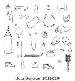 Set of sports equipment in the doodle style. Collection of isolated design elements on a white background. Fitness clipart kit about healthy lifestyle.