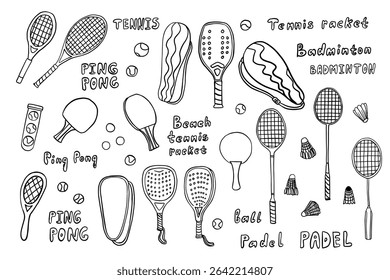 Set of sports equipment in doodle style. Tennis racket, padel, badminton racket, table tennis, tennis ball, beach tennis racket. Great for banners, design elements. Hand drawn