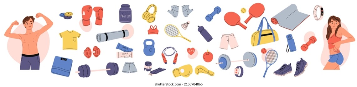 Set of sports equipment. Dumbbell, barbell, clothes. Yoga equipment. Equipment for training in the gym. Workout stuff bundle. Isolated flat vector illustration. - Shutterstock ID 2158984865