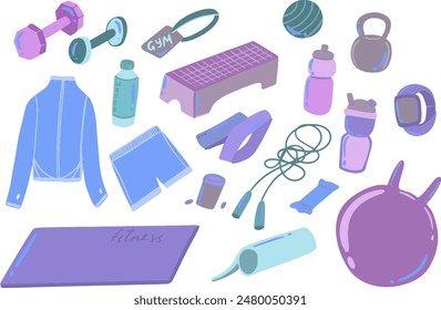Set of sports equipment. Dumbbell, barbell, clothes. Yoga equipment, for the gym