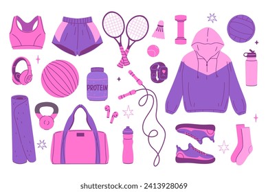 A set of sports equipment and elements in pink and purple colors. Vector graphics.