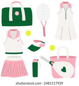 Conjunto de material deportivo y Elementos para tenis. Colección de ropa de tenis, raqueta, ropa deportiva, pelota, zapatos, polo, pantalones cortos, camiseta, bolsos.