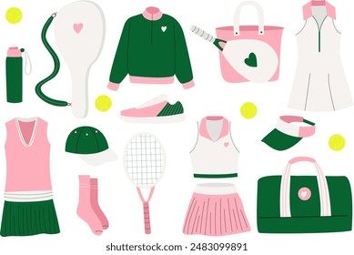 Set of sports equipment and elements for tennis. Collection of tennis clothes, racket, sportswear, ball,  shoes, polo shirt, shorts, t-shirt, bags.