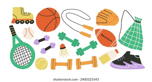 A set with sports equipment for exercises. Cross trainers, dumbbells, skipping rope, tennis racket, football, baseball, sports. Hand drawn flat style 