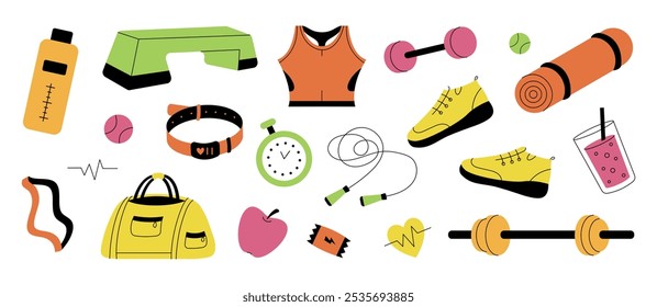 Conjunto de equipo deportivo en el gimnasio. Fitness y estilo de vida saludable. Ropa deportiva, mancuerna, barra, reloj inteligente, botella, zapatillas de deporte, saltar la cuerda, estera. Ilustración vectorial plana