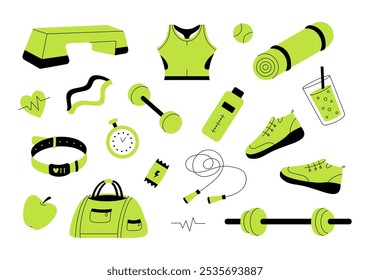 Conjunto de equipo deportivo en el gimnasio. Fitness y estilo de vida saludable. Ropa deportiva, mancuerna, barra, reloj inteligente, botella, zapatillas de deporte, saltar la cuerda, estera. Ilustración vectorial plana