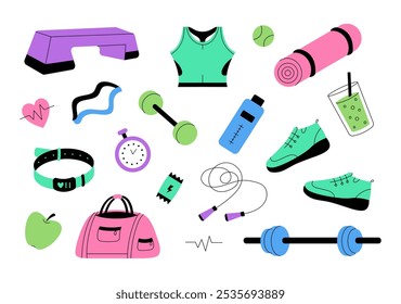 Conjunto de equipo deportivo en el gimnasio. Fitness y estilo de vida saludable. Ropa deportiva, mancuerna, barra, reloj inteligente, botella, zapatillas de deporte, saltar la cuerda, estera. Ilustración vectorial plana