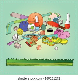 Set of sports equipment. Hand drawn vector illustration.