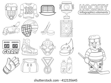 A set of sports equipment and hockey player black and white outline drawing.