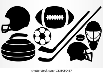 Set of sports equipment. Hockey and Rugby helmets, hockey sticks, puck and Rugby ball. Vector illustration.