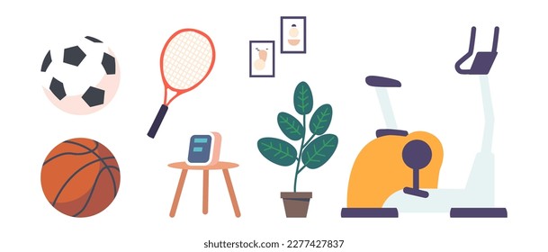 Set of Sports Equipment and Home Items Icons. Exercise Bike, Soccer or Basketball Ball, Tennis Racket, Potted Houseplant