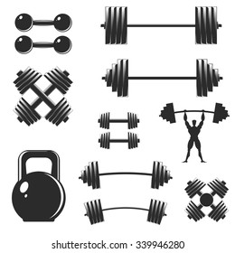 A set of sports equipment, isolated on white. Barbells, dumbbells, weight lifter silhouette. Design elements for the gym and fitness.