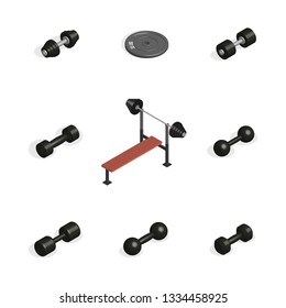 Set of sports equipment items. Elements design for gym and fitness room. 3D isometric style, vector illustration.