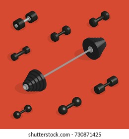 Set of sports equipment items. Elements design for gym and fitness room. Flat 3D isometric style, vector illustration.