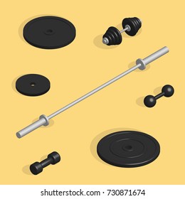 Set of sports equipment items. Elements design for gym and fitness room. Flat 3D isometric style, vector illustration.
