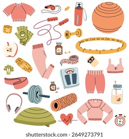 Set sports equipment. Items for fitness, sports, and training. Clothing, equipment, and supplies. Flat color illustration with doodle outline. For posters, sports materials, fitness, healthy lifestyle