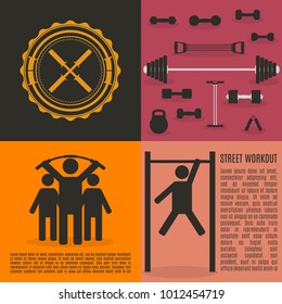Set of sports equipment items. Flat elements design for gym and fitness, vector illustration.