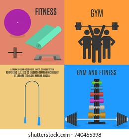 Set of sports equipment items. Flat elements design for gym and fitness, vector illustration.