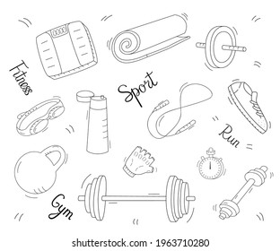 A set of sports equipment with Lettering. Contour isolated objects doodle on a white background.