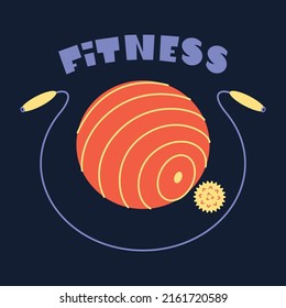 A set of sports equipment for light female fitness. Balls and rope for sports exercises. Sports lettering. Cartoon illustration in flat graphic style.