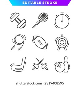 Set of Sports Equipment Outline Icon. Dumbbell, Bowling, Rugby, Jump Rope, Hockey, Badminton Racket, and More. Editable Stroke. Vector Eps 10