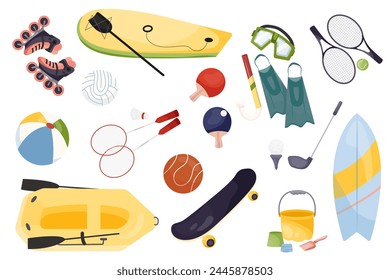 A set of sports equipment for summer sports. Illustrations of sports equipment in flat style.