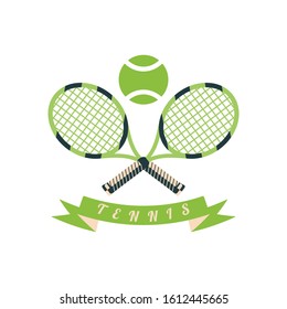 A set of sports equipment for tennis in the form of tennis racquets and a tennis ball. The concept of an active lifestyle and sports training. Vector illustration on a white background.
