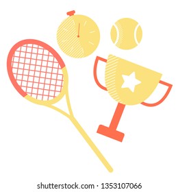 Set of sports equipment: tennis racket, ball, stopwatch and winner cup.