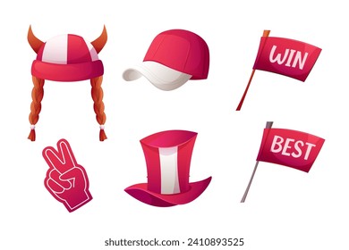 Set of sports fan elements in red and white. Cap, hat with horns and pigtails, top hat, fan glove, flags with the text win and best