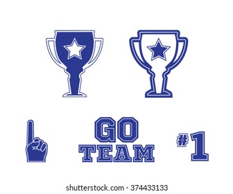 Set of sports fan icons in blue on a white background. Signs and symbols in vector format. Go Team logo text.