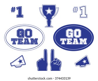 Set Of Sports Fan Icons In Blue On A White Background. Go Team Logo Or Sign Text.