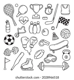 Set of sports and fitness equipment in doodle style with ball, tennis racket, medal, dumbbell, cup, gloves .  Hand drawn vector illustration isolated on white background. 