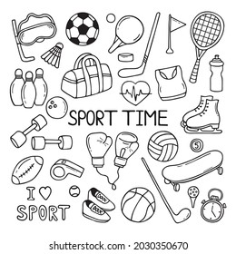 Set of sports and fitness equipment in doodle style with ball, tennis racket, medal, dumbbell, cup, gloves .  Hand drawn vector illustration isolated on white background. 