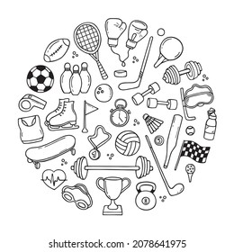 Set of sports and fitness equipment in doodle style with ball, tennis racket, medal, dumbbell, cup, gloves .  Hand drawn vector illustration isolated on white background. 