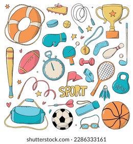 set of sports and fitness hand drawn doodles, cartoon elements isolated on white background. Good for prints, planners, stickers, etc. EPS 10