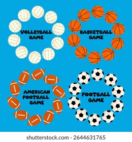Set of sports frames. Balls for playing soccer, volleyball, American football and basketball. Space for text.
