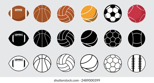 Conjunto de Colección de iconos de pelota de juego de deportes. Balón americano, Balón de fútbol, Voleibol, Baloncesto, Balón de críquet Colección de fútbol. Icono de contorno de bola. EPS Archivo editable victor Illustración.