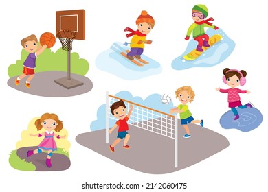 Set with sports games - volleyball, skiing, snowboarding, ice skating, roller skating