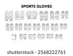 Set of Sports Gloves Fashion with names hand accessory clothing technical illustration garment. Vector for Men, women, unisex flat template CAD cartoon style isolated on white background