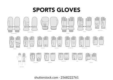 Set of Sports Gloves Fashion with names hand accessory clothing technical illustration garment. Vector for Men, women, unisex flat template CAD cartoon style isolated on white background