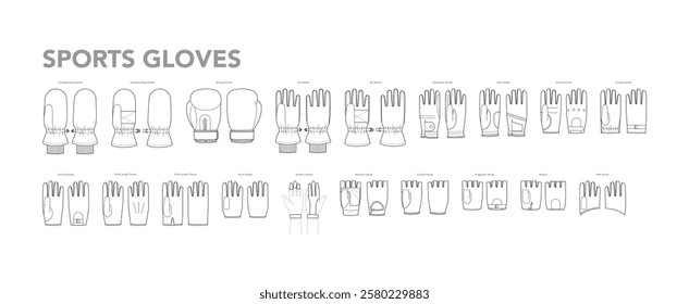 Set of Sports Gloves Fashion with names hand accessory clothing technical illustration garment. Vector for Men, women, unisex flat template CAD cartoon style isolated on white background