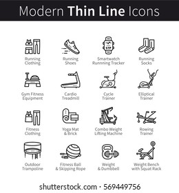 Set Of Sports & Gym Equipment Like Treadmills Or Trainers. Clothes, Shoes, Trainers For Doing Sport, Cardio, Fitness And Yoga. Thin Black Line Art Icons. Linear Style Illustrations Isolated On White.