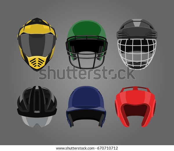 Set of sports\
helmets on a gray background. Protective equipment in a realistic\
style. Vector\
illustration.\
