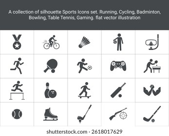 Set of sports icon. including running, cycling, table tennis, games, soccer, badminton, basketball and more. solid icons vector, sports icons vector illustration
