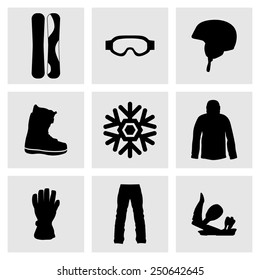 Set Of Sports Icons. Active Sports, Health, Weight Loss, Diet. Snowboard, Helmet, Snowflake, Winter, Sunglasses, Shoes, Jacket, Pants, Gloves .Extreme Theme, Winter Games, Outdoors Adventure. 