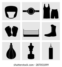 Set of sports icons. Active sports, health, weight loss, diet. Boxing, boxing black icons. Ring, fighting, sport, helmet, punching bag, belt.