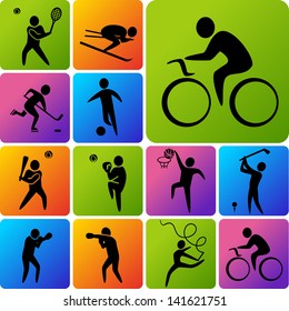 Set of sports icons: basketball, soccer, hockey, tennis, skiing, boxing, wrestling, cycling, golf, baseball, gymnastics. Vector illustration