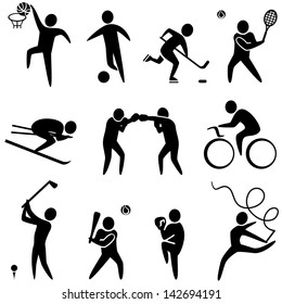 Set of sports icons: basketball, soccer, hockey, tennis, skiing, boxing, wrestling, cycling, golf, baseball, gymnastics. Vector illustration
