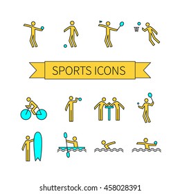 Set of sports icons: basketball, tennis,  football, canoeing, water polo, arm wrestling, badminton, swimming, volleyball, cycle racing, surfing. Vector illustration